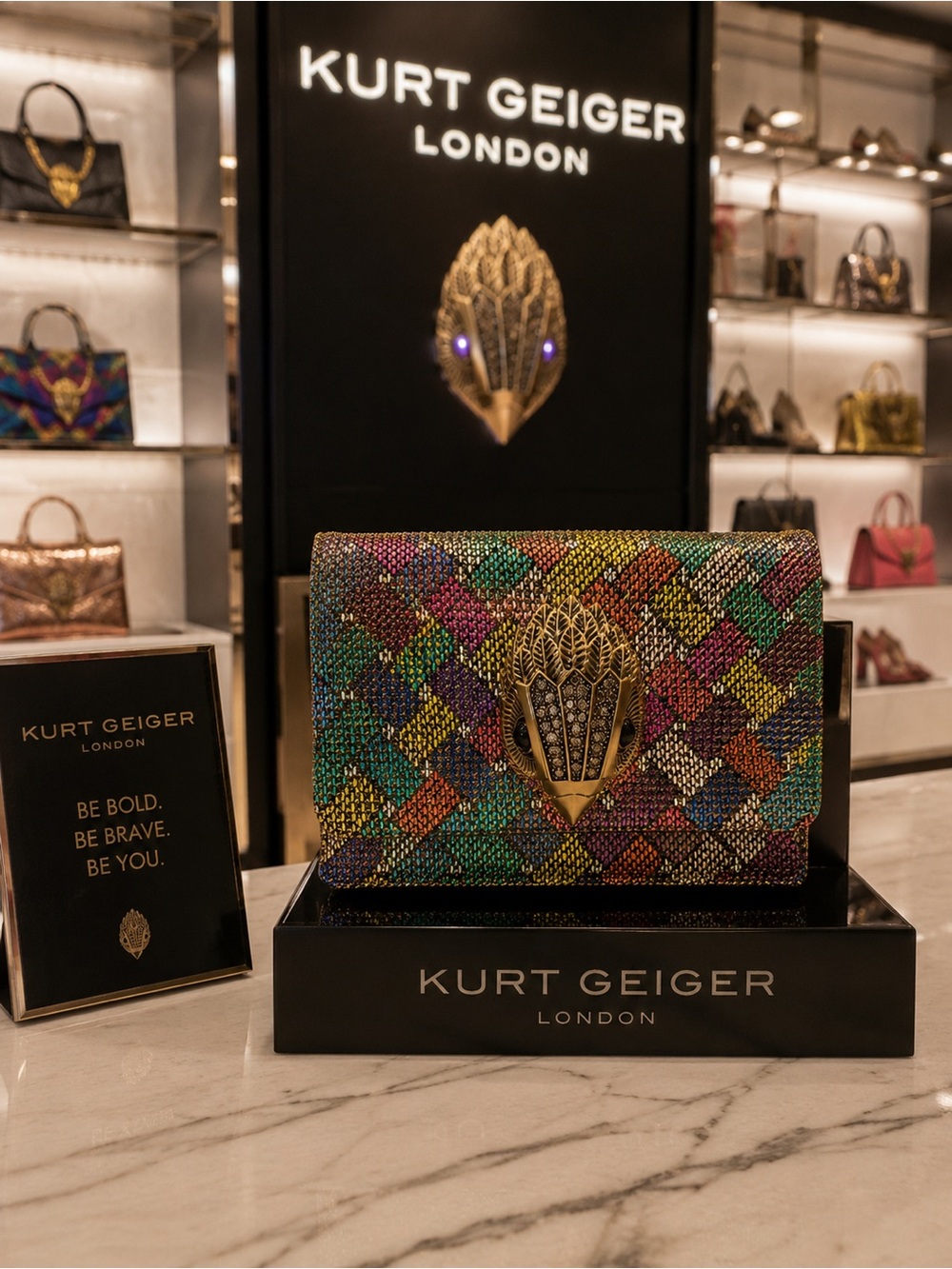 Kurt Geiger Multicolor Crystal Mosaic Clutch with Gold-Emblem